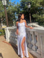 Jersey Mermaid Side Slit White Spaghetti Straps Long Evening Prom Dresses, PM0264