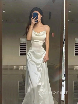 Simple Spaghetti Straps Satin Long Evening Prom Dresses, Sleeveless Backless Prom Dress, PM0265
