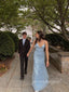 Blue Mermaid Spaghetti Straps Sparkly Sequins Backless V-neck Long Evening Prom Dresses, PM0266