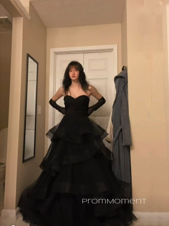 Unique Sweetheart Black Tulle A-line Long Evening Prom Dresses, PM0267