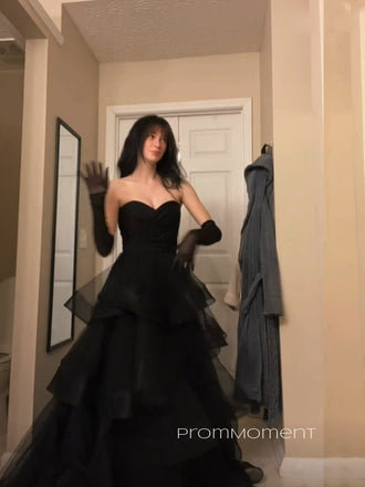 Unique Sweetheart Black Tulle A-line Long Evening Prom Dresses, PM0267