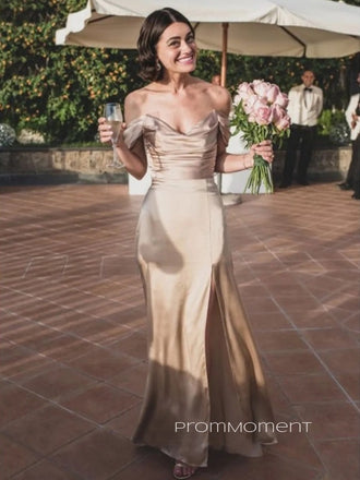 Off Shoulder Satin Champagen Mermaid Long Evening Prom Dresses, Lovely Side Slit Prom Dress, PM0268