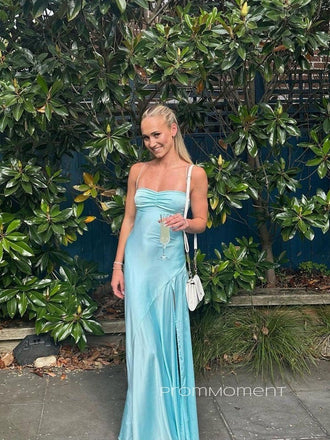 Blue Satin Spaghetti Straps Backless Long Evening Prom Dresses, PM0269