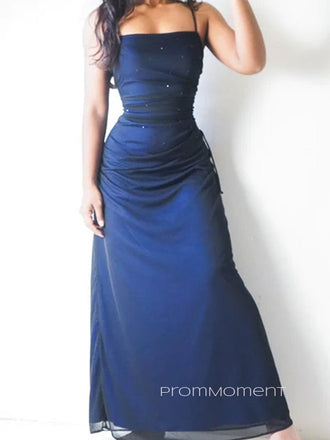 Black Chiffon Blue Spaghetti Straps Long Evening Prom Dresses, Sleeveless Backless Prom Dress, PM0270