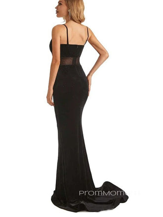 Velvet Black Mermaid Spaghetti Straps Long Evening Prom Dresses, Sexy Sleeveless Backless Prom Dress, PM0271