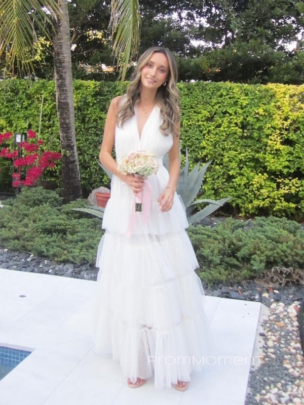 A-line Tulle V-neck Long Evening Prom Dresses, Formal White Wedding Prom Dress, PM0273