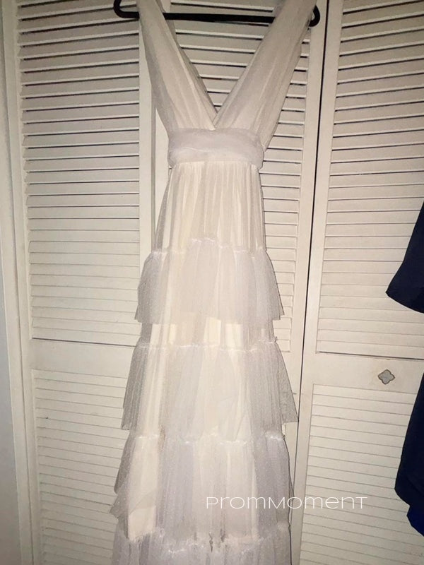 A-line Tulle V-neck Long Evening Prom Dresses, Formal White Wedding Prom Dress, PM0273