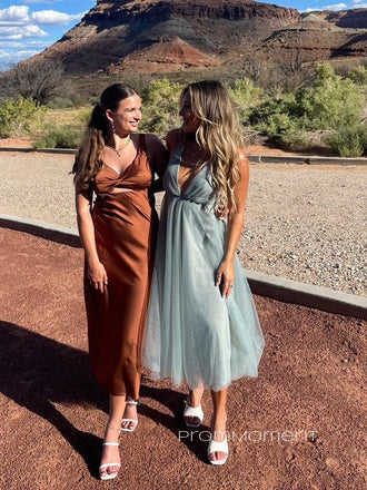 Tulle Deep V-neck Blue A-line Long Evening Prom Dresses, PM0274