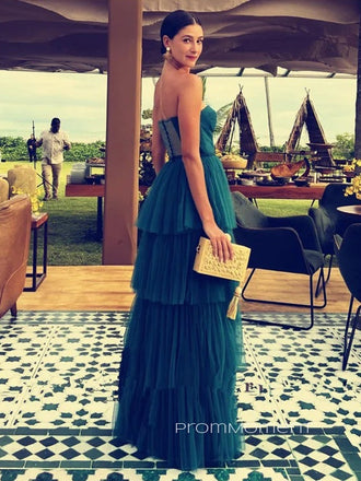 Elegant Tulle A-lin Sleeveless Strapless Backless Long Evening Prom Dresses, PM078