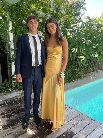 Lovely Yellow Satin Spaghetti Straps Mermaid Side Slit Long Evening Prom Dresses, PM0279