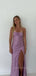 Gorgeous High Slit Spaghetti Straps Sleeveless Purple Satin Long Evening Prom Dresses, PM0280