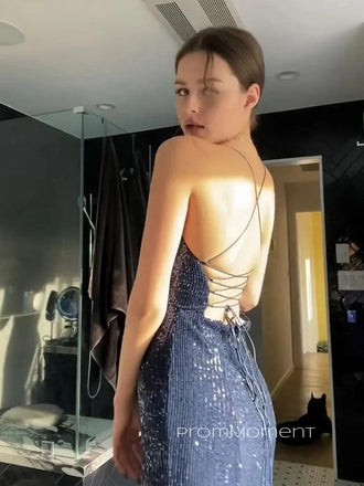 Sparkly Mermaid High slit Spaghetti Straps Deep V-line Backless Sleeveless Long Evening Prom Dresses, PM0281