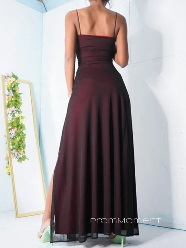Black Chiffon Red Spaghetti Straps Long Evening Prom Dresses, Sleeveless Side Slit Prom Dress, PM0282