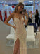 Backless Mermaid Deep V-neck Sparkly Sequins Long Evening Prom Dresses, High Slit floor-length Spaghetti Straps Prom Dress, PM0286