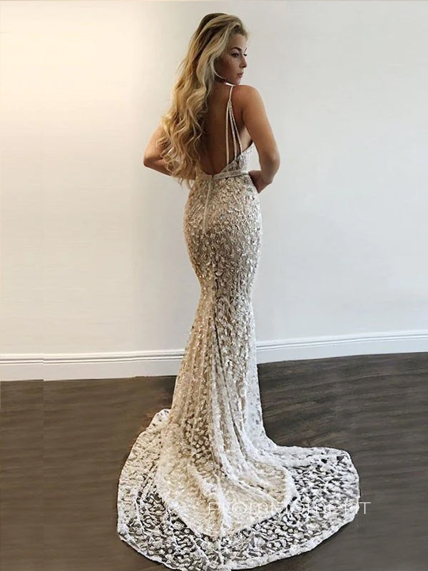Lace Deep V-neck Backless Mermaid Long Evening Prom Dresses, Gorgeous Floor-length Wedding Dress, PM0288