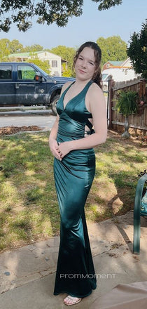 Satin Mermaid Backless Long Evening Prom Dresses, Straps Deep V-neck Prom Dress, PM0296