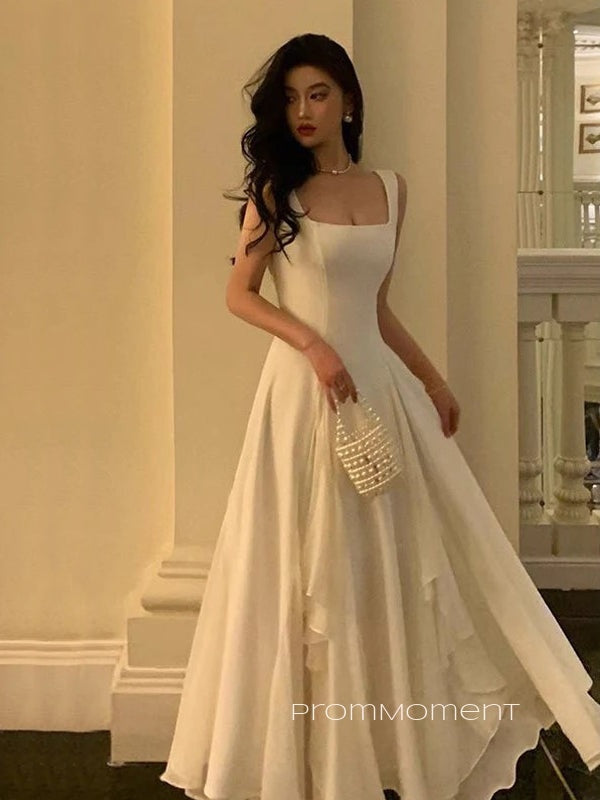 Lovely A-line White Backless Straps Long Evening Prom Dresses, PM0298