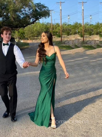 Mermaid V-neck High Slit Long Evening Prom Dresses, Spaghetti Straps Satin Prom Dress, PM0301