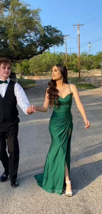 Mermaid V-neck High Slit Long Evening Prom Dresses, Spaghetti Straps Satin Prom Dress, PM0301