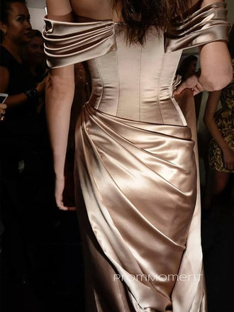 Champagen Off Shoulder High Slit Long Evening Prom Dresses, Elegant Floor-length Satin Mermaid Prom Dress, PM0302