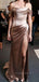 Champagen Off Shoulder High Slit Long Evening Prom Dresses, Elegant Floor-length Satin Mermaid Prom Dress, PM0302