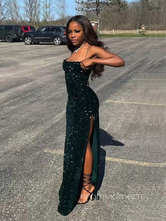 Dark Green Sequins Mermaid High Slit Sleeveless Long Evening Prom Dresses, PM0305