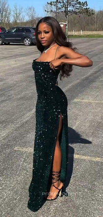 Dark Green Sequins Mermaid High Slit Sleeveless Long Evening Prom Dresses, PM0305