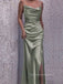 Spaghetti Straps Mermaid Side Slit Long Evening Prom Dresses, Sage Green Satin Prom Dress, PM0307
