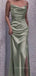 Spaghetti Straps Mermaid Side Slit Long Evening Prom Dresses, Sage Green Satin Prom Dress, PM0307