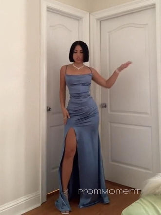 Satin Dusty Blue High Slit Long Evening Prom Dresses, Mermaid Backless Prom Dress, PM0308