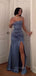 Satin Dusty Blue High Slit Long Evening Prom Dresses, Mermaid Backless Prom Dress, PM0308