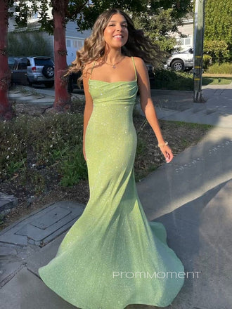 Sparkly Green Spaghetti Straps Mermaid Long Evening Prom Dresses, Sleeveless Backless Prom Dress, PM0311