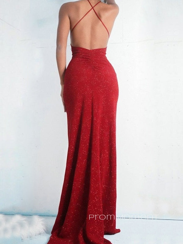 Mermaid Backless Spaghetti Straps Long Evening Prom Dresses, Sparkly Red Prom Dress, PM0312