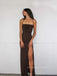 Simple Mermaid Side Slit Long Evening Prom Dresses, Chocolate Spaghetti Straps Sleeveless Prom Dress, PM0314