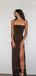 Simple Mermaid Side Slit Long Evening Prom Dresses, Chocolate Spaghetti Straps Sleeveless Prom Dress, PM0314