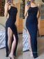 Sparkly Navy Blue High Slit Mermaid Long Evening Prom Dresses, Spaghetti Straps Prom Dress, PM0315