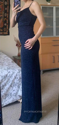 Sparkly Navy Blue High Slit Mermaid Long Evening Prom Dresses, Spaghetti Straps Prom Dress, PM0315