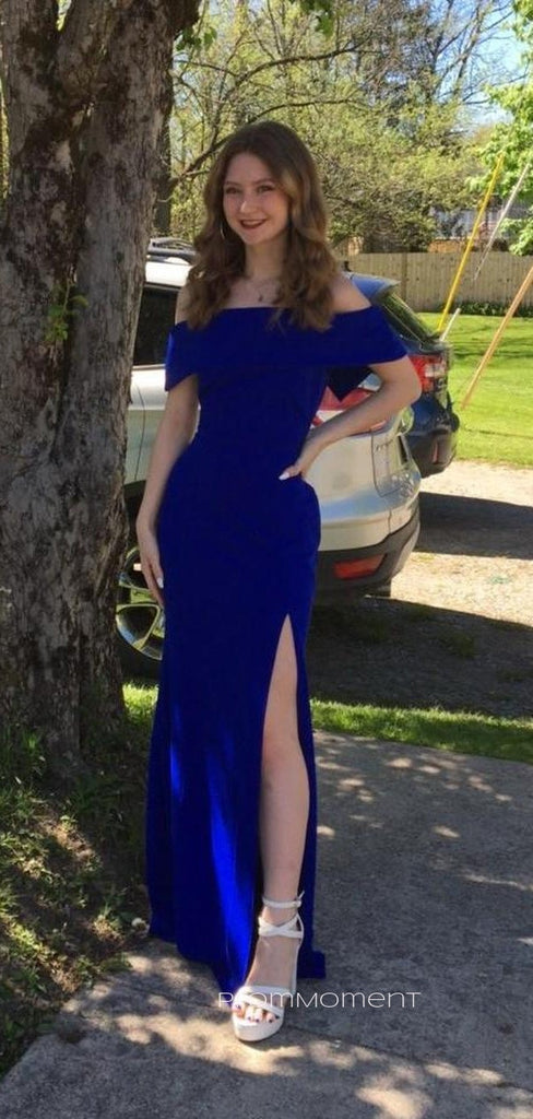 Elegant Royal Blue Off Shoulder Side Slit FDY Long Evening Prom Dresses, PM0317