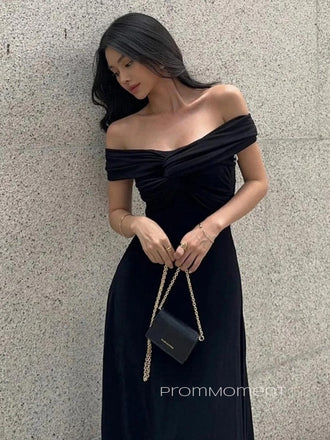 Black Off Shoulder Elegant A-line Backless Long Evening Prom Dresses, PM0318