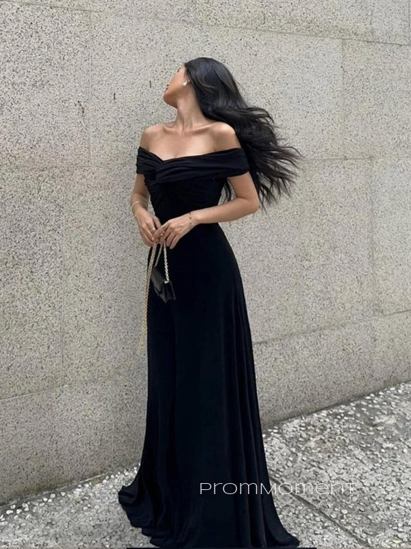 Black Off Shoulder Elegant A-line Backless Long Evening Prom Dresses, PM0318