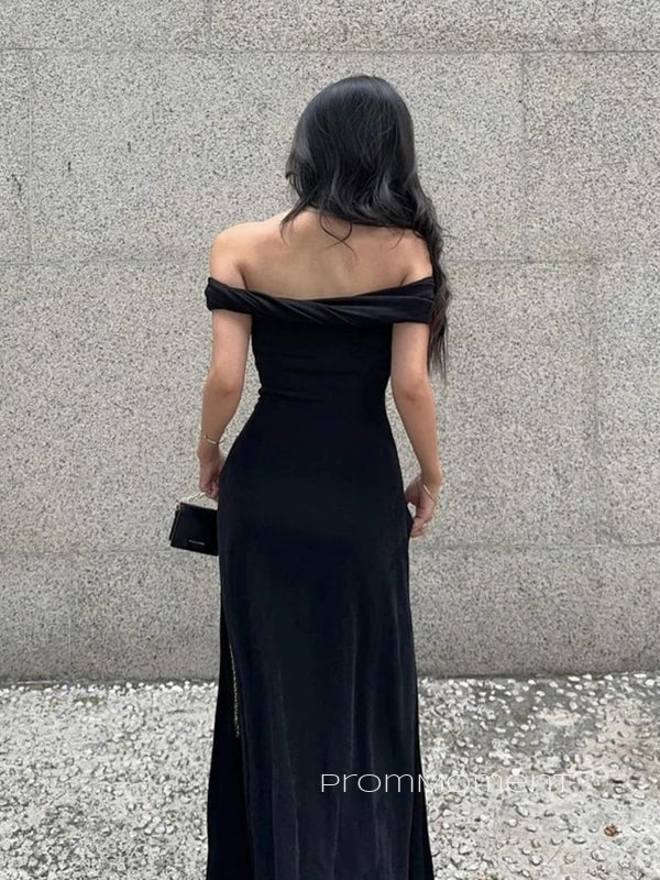 Black Off Shoulder Elegant A-line Backless Long Evening Prom Dresses, PM0318
