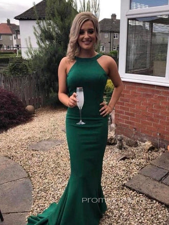 Halter Green Satin Mermaid Backless Long Evening Prom Dresses, Sleeveless Straps Floor-length Prom Dress, PM0319