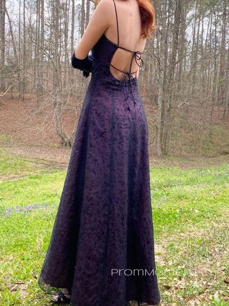 Black Lace Purple Spaghetti Straps Long Evening Prom Dresses, A-line Backless Prom Dress, PM0323