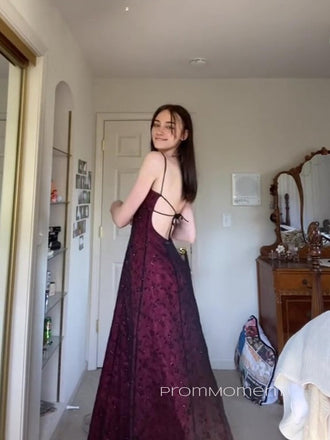 Backless A-line Sleeveless Long Evening Prom Dresses, Black Lace Red Spaghetti Straps Prom Dress, PM0324