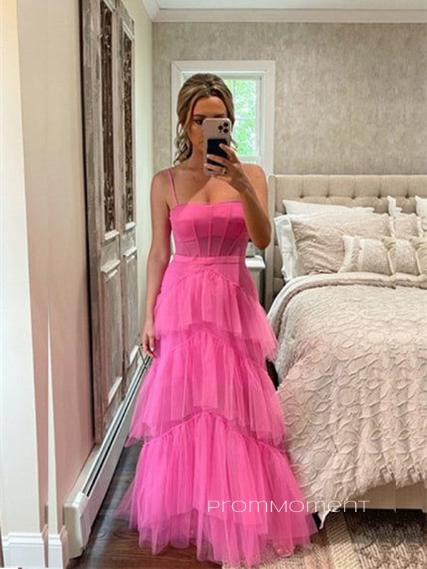 Hot Pink A-line Spaghetti Straps Long Evening Prom Dresses, Tulle Sleeveless Prom Dress, PM0325