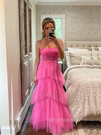 Hot Pink A-line Spaghetti Straps Long Evening Prom Dresses, Tulle Sleeveless Prom Dress, PM0325