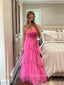 Hot Pink A-line Spaghetti Straps Long Evening Prom Dresses, Tulle Sleeveless Prom Dress, PM0325