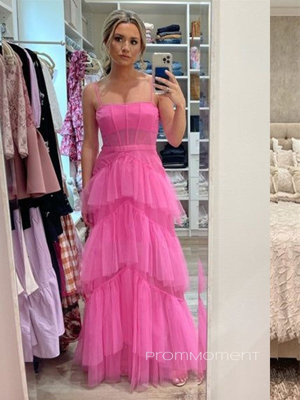 Hot Pink A-line Spaghetti Straps Long Evening Prom Dresses, Tulle Sleeveless Prom Dress, PM0325