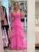 Hot Pink A-line Spaghetti Straps Long Evening Prom Dresses, Tulle Sleeveless Prom Dress, PM0325