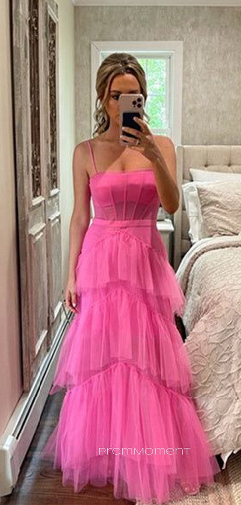 Hot Pink A-line Spaghetti Straps Long Evening Prom Dresses, Tulle Sleeveless Prom Dress, PM0325